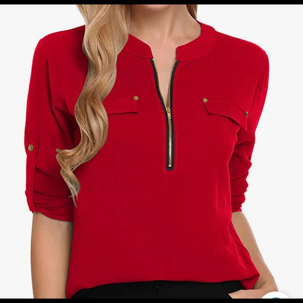 Angvns, red, 3/4 zip, size small blouse